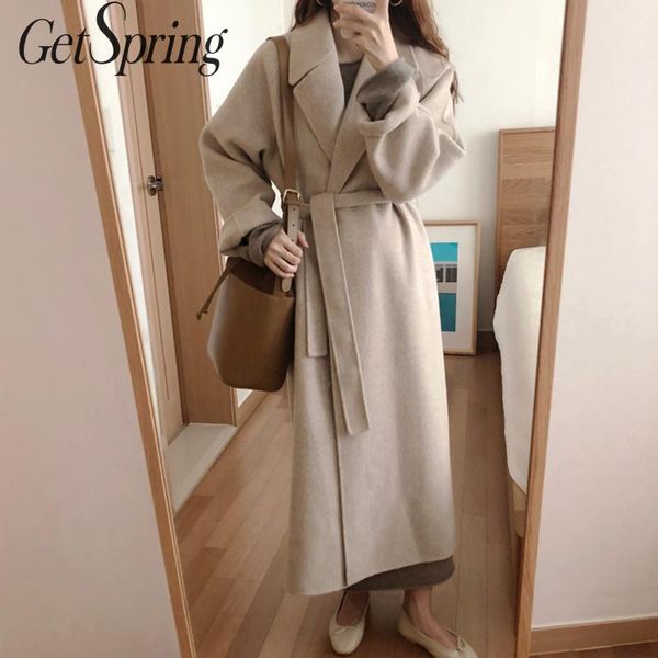 

getspring women woolen coat bandage long womens wool coats winter vintage fashion long woolen coats winter women 2019 fashion, Black