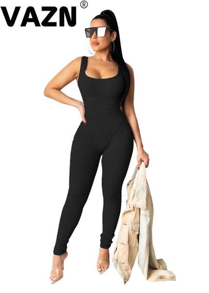 

vazn 2020 spring or autumn lady 6 colors solid long jumpsuit sleeveless o-neck spaghetti strap springy skinny chic rompers, Black;white
