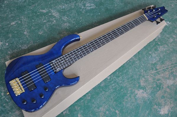 Fábrica Custom Blue Body Electric Bass Guitar com 5 cordas, Fingerboard de Rosewood, Hardware preto, pode ser personalizado.