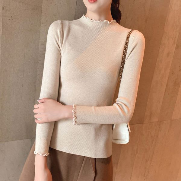 

autumn winter women's comfortable sweater fashion turtleneck long sleeve knit solid color sweet pullover, White;black