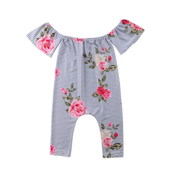 

newborn baby girl off-shoulder stripe floral romper jumpsuit outfits clothes, Blue