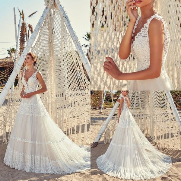 

eddy k 2019 a line wedding dresses lace appliqued bohemian beach bridal gowns boho v neck wedding dress plus size, White