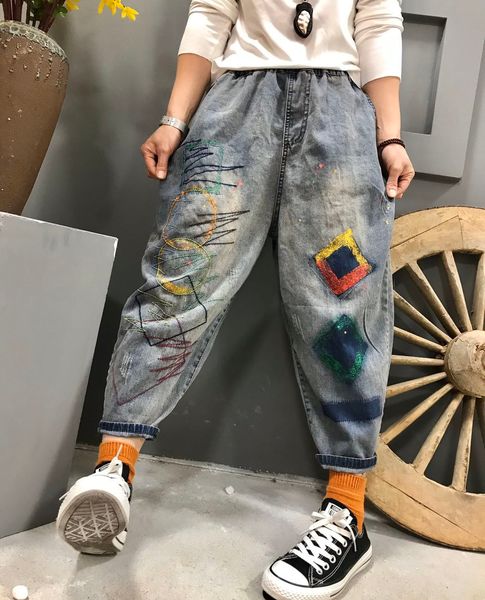 

light blue white black feer patch leisure female elastic waist straight leg bk4416