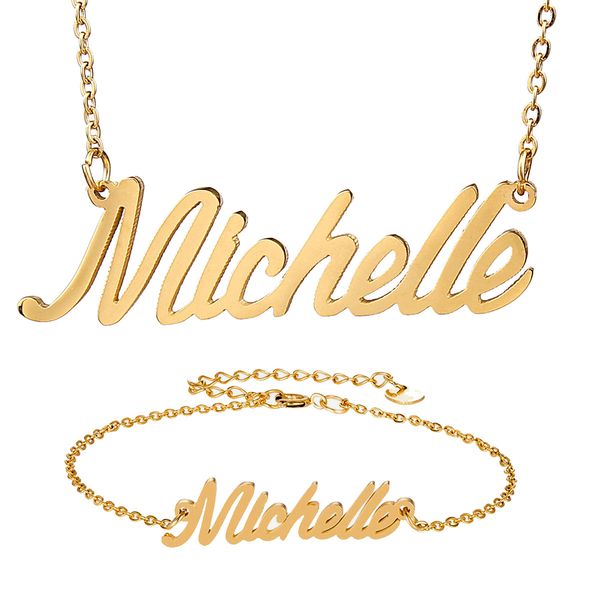 

fashion stainless steel nameplate necklace + bracelet set women " michelle " script letter gold choker chain necklace pendant name, Silver