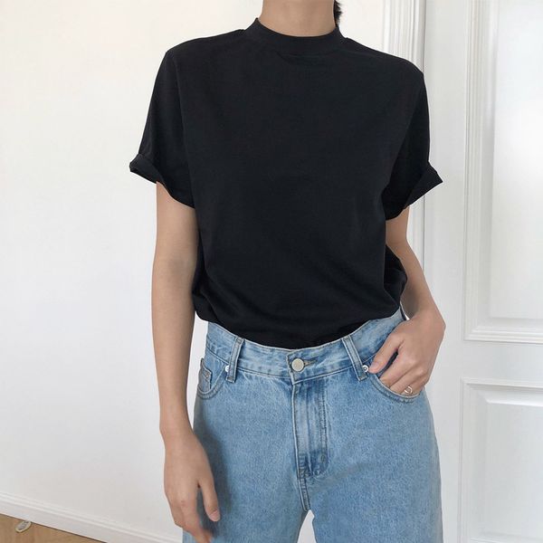 

women's t-shirt summer casual solid color round neck short sleeve, White