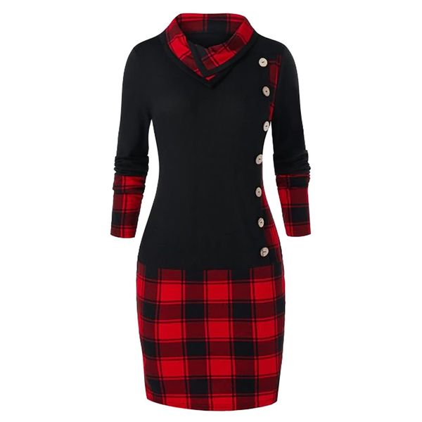 

women bow-neck buttons drawstring plaid patchwork hoodies vintage ladies long sweatshirt slim pullover sudadera con capucha, Black