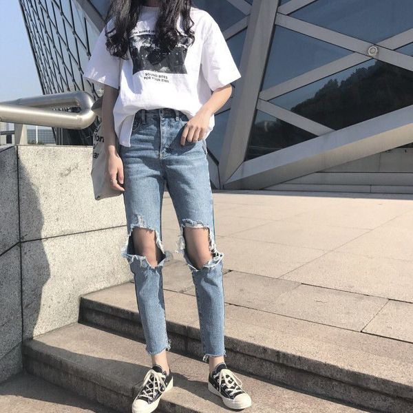 

with holes jeans women's ninth pants straight-cut ripped jeans cool fashion high-waisted korean-style loose-fit summer new style, Blue