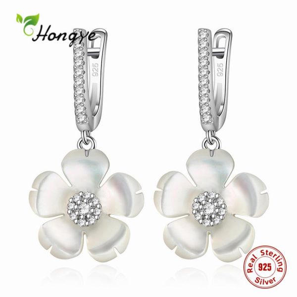 

hongye 925 sterling silver flower drop earings zircon trendy shell pearl anti-allergy fine jewelry for female party birthday, Golden;silver