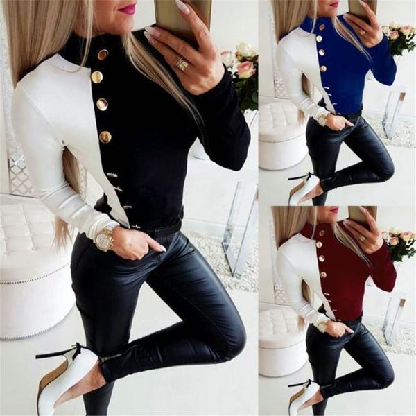 

club slim color matching long sleeved crew neck t shirts fashion women tees gold button womens designer t shirts, White