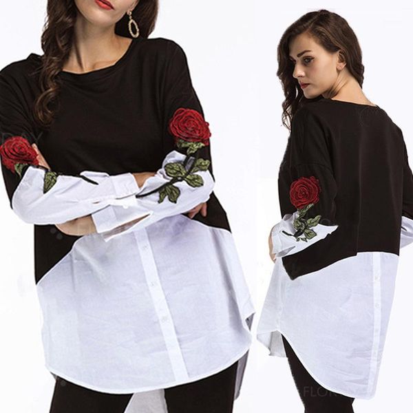 

designer embroidery rose blouse tshirts long sleeved spring summer clothing womens fashion shirt, White