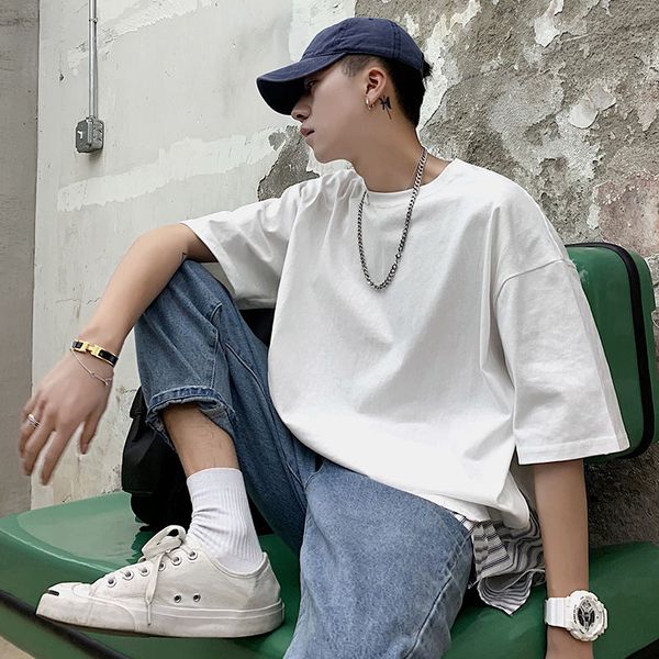 

ewq / свободные круглый вырез корейский прилив с коротким рукавом футболки мужской 2020 лето новый поддельные две части лоскутное подол трой, White;black