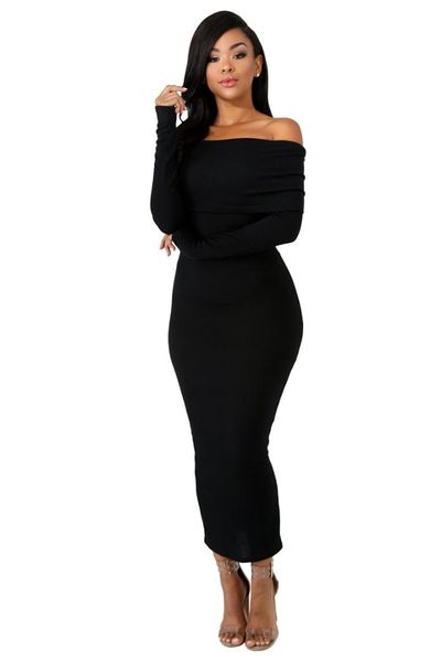 

fashion long-sleeved dress word collar long section slim knit dress 2018 new european and american long-sleeved, Black;gray