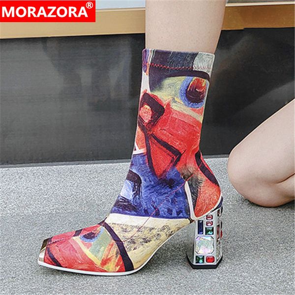 

morazora 2020 new arrival high heels shoes fashion flowers color ankle boots autumn winter slip-on classic women boots, Black