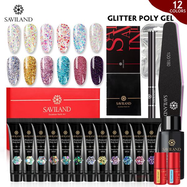 

saviland nails gel polish glitter sequins uv builder gel extension varnish nail art fast hard for manicure set, Red;pink