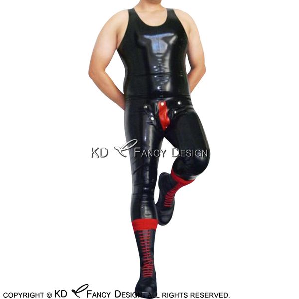 

black with red sleeveless latex catsuit with codpiece rubber body suit bodysuit zentai lty-0265