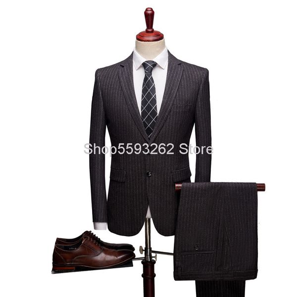 

men's suits & blazers stripes grinding wool suit men slim fit groom marriage two-piece set, White;black