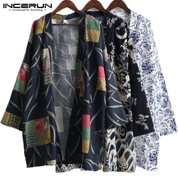 

2019 men trench coat cotton outerwear chinese style ethnic print cardigan long sleeve pockets men jackets kimono incerun 5xl, Tan;black