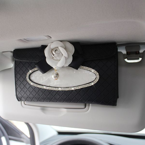 

camellia car sun visor tissue box leather hanging auto tissue holder flower for girls crystal rhinestone auto paper bag