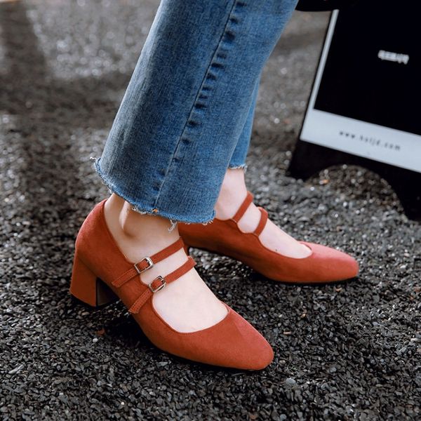 

big size 11 12 ladies high heels women shoes woman pumps square head and shallow suede buckle single shoe woman, Black