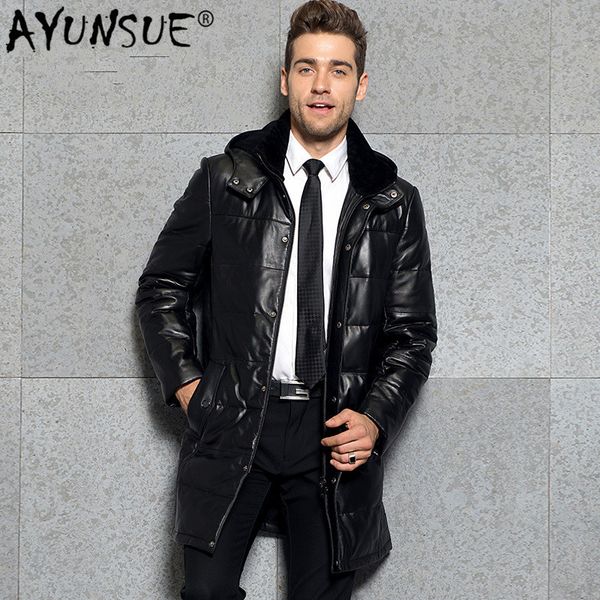 

ayunsue winter genuine leather down jacket men hooded real sheepskin long coat windbreaker men leather jackets 3377 kj2995, Black