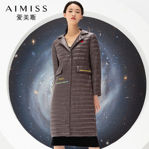 

aimiss brand new women winter down jacket turn-down neck full sleeves pocket loose long down coat outwear clothes, Black