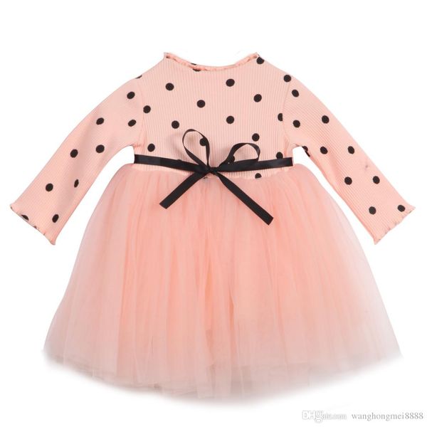 

cute newborn kids babys girls clothes long sleeve knit o-neck cotton sashes dot lace tulle tutu dress kid baby girl clothes, Red;yellow
