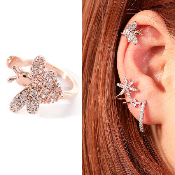 

fashion bee fake piercing ear cuff clip on adjustable helix cartilage conch cubic zirconia wrap earring body jewelry accessories, Slivery;golden