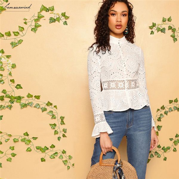 

white guipure lace blouse insert embroidered women peplum eyelet long sleeve slim fit office lady boho