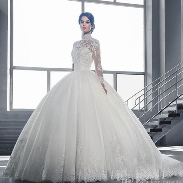 

made high collar sheer long sleeves lace ball gowns wedding dresses vintage applique lace tulle bridal gowns vestidos de noiva custom dh4177, White
