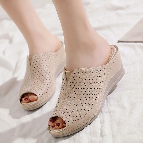 

dress shoes adibosy plus size summer women sandals hollow comfort female wedge heels fish mouth platform slippers sandalia, Black