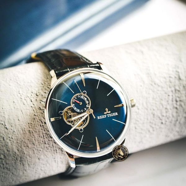 

new reef tiger/et dress watch for men blue leather convex lens glass tourbillon automatic mechanical waterproof watches rga8239, Slivery;brown