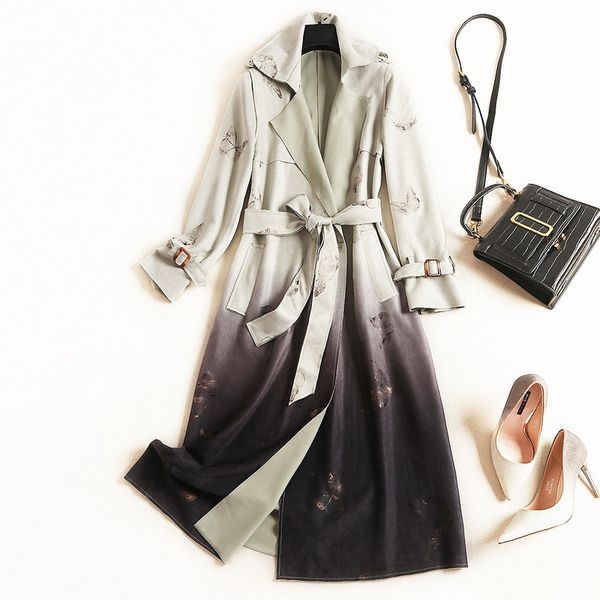 

2019 spring autumn woman trench coat gradient elegant long lapel suede belt fashion ladies plus size trench coat, Tan;black