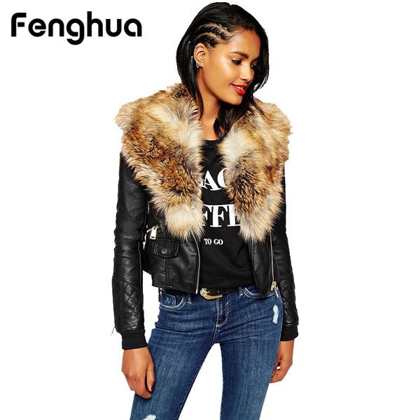 

fenghua 2018 winter pu leather fur coats slim faux fur women coat casual zip overcoat fluffy collar outwear female motor jackets, Black