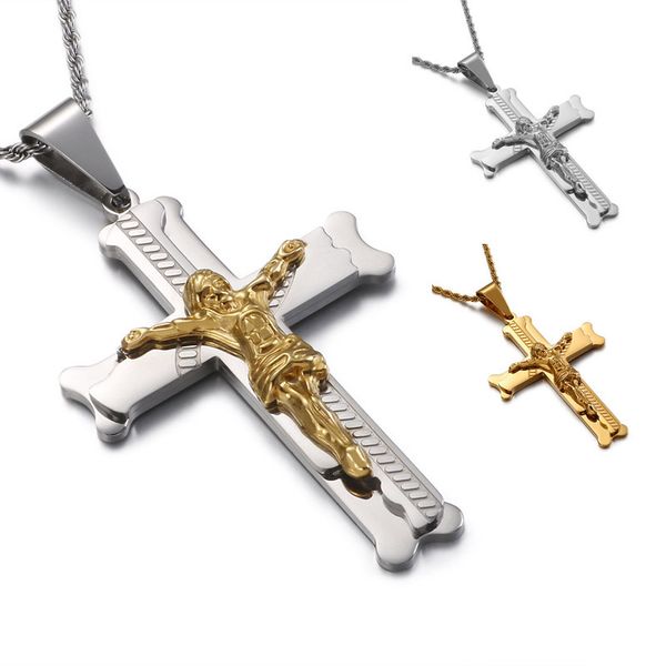 

fashion christian style jesus cross design stainless steel pendant necklace amulet jewelry for men, Silver