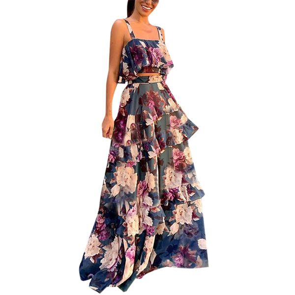

women bohemia floral print long skirt beach two-piece outfit faldas mujer moda midi denim vadim summer skirts c30626, Black