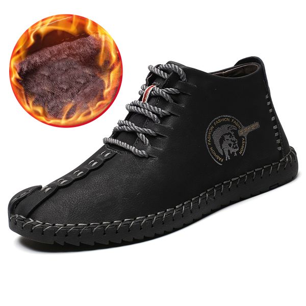 

fashion men boots split leather ankle snow boots shoes warm fur plush lace-up winter shoes plus size 38~48, Black