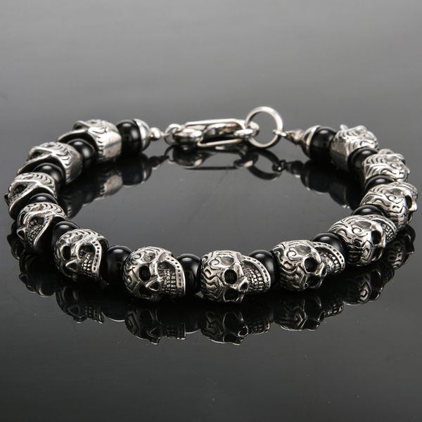 

vintage stainless steel skull beads bracelet men 8mm natural stone mens beaded bracelets 2019 hip-hop rock friends jewelry, Golden;silver