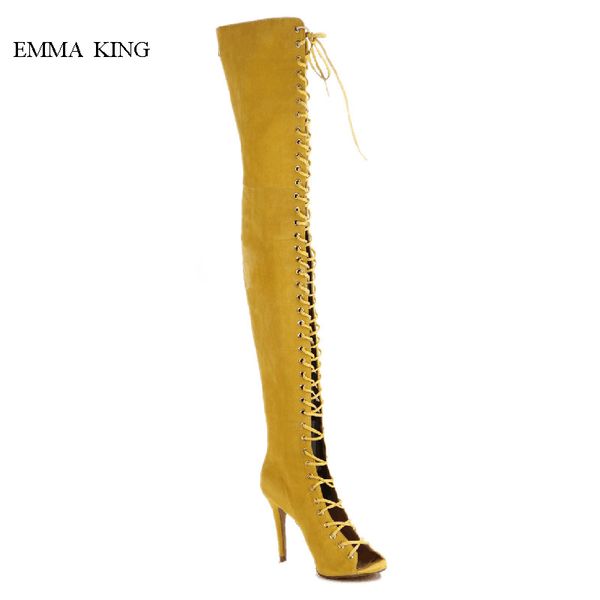 

2019 women boots cross-tied lace-up over knee boots open toe thin high heels ladies yellow long spring autumn shoes woman, Black