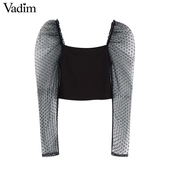

vadim women slim crop transparent mesh patchwork sleeve square collar backless chic shirt stretchy short blouse lb335, White