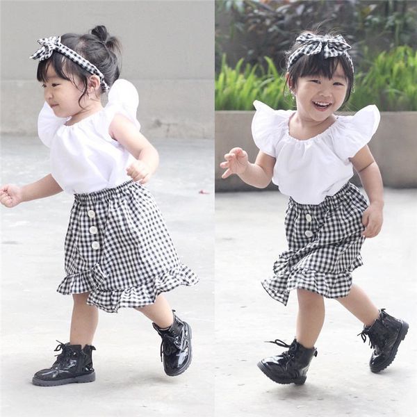 

princess kids girl short sleeve t-shirt +ruffles plaid tutu skirt baby clothing set children suit, White
