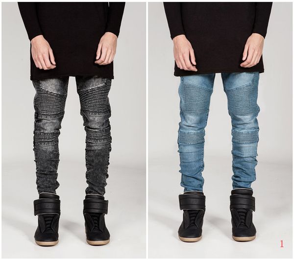 

fashion men's jeans 20s new designer men wrinkle skinny small feet micro-elasticmen washed jeans 3 colores selected size s-4xl, Blue