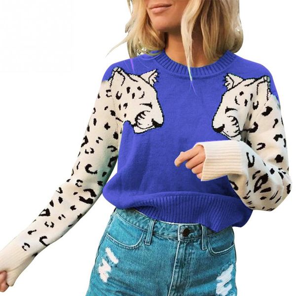 

soft leopard print round neck fashion crop long sleeves casual cotton blend daily wear women sweater kintting outwear, White;black