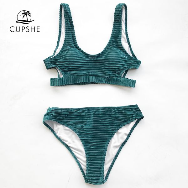 

cupshe green emerald velvet solid bikini set women cutout backless two pieces swimwear 2020 girl beach bathing suit swimsuits, White;black
