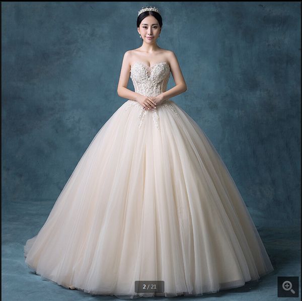 

2020 vestido de festa ivory lace ball gown wedding dress beaded appliques strapless sweetheart princes bridal gowns selling, White