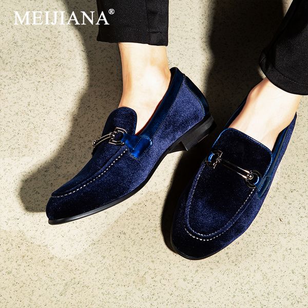 

meijiana men's dress shoes leather casual shoes slip on moccasins wedding shoes men loafers black red and blue velvet with