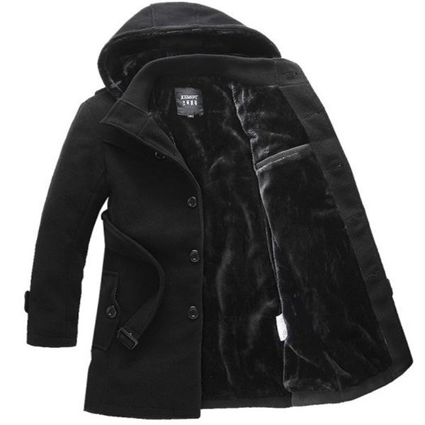 

европейские и американские моды мужская одежда плюс velvet утолщение с капюшоном ветровка куртка tide однобортный шерстяное пальто, Black
