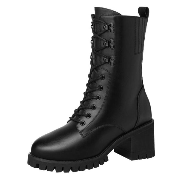 

women british mid-heeled boots thick heel high heel shoes boots casual shoes, Black