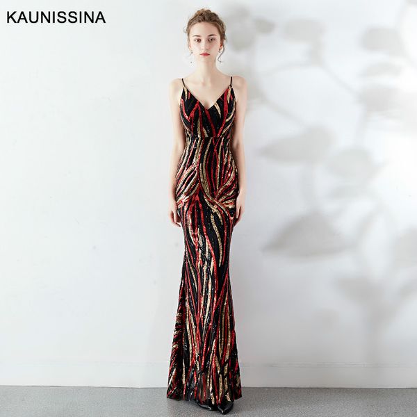 

kaunissina formal party dress long mermaid sequined evening dresses sleeveless strap v-neck floor length evening vestidos, White;black