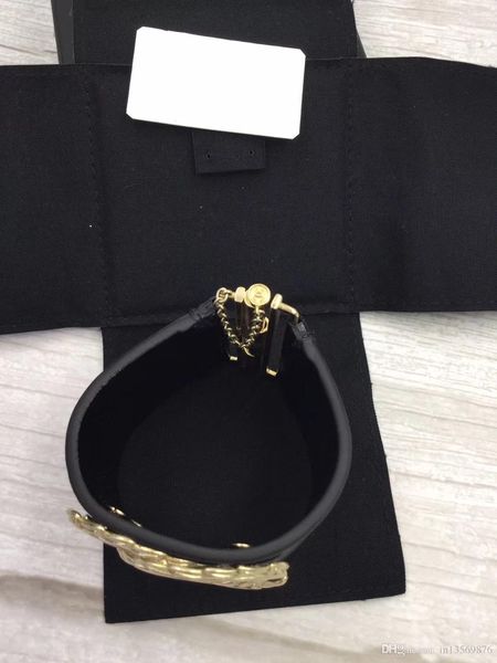 

luxury women's female's ladies punk dj exaggerated real leather big logo wristband bangles cuffs bracelets ing, Black