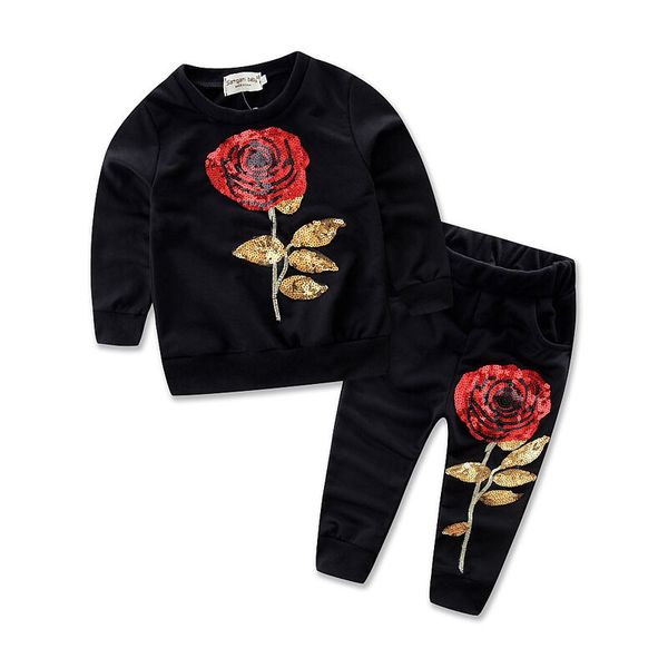 

2-7years Toddler Kids Girls Clothes Rose Printed Sweatshirt Top+ Pants 2pcs Set Casual Outfits Valentine's Day Set